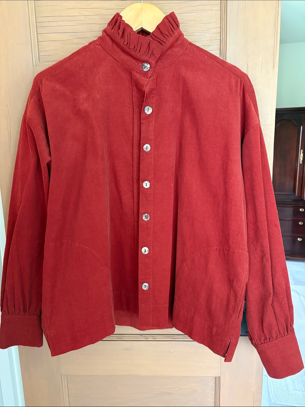 Ruffled Stand-Collar Button-Down Shirt/jacket  in Deep Rust | size S-M